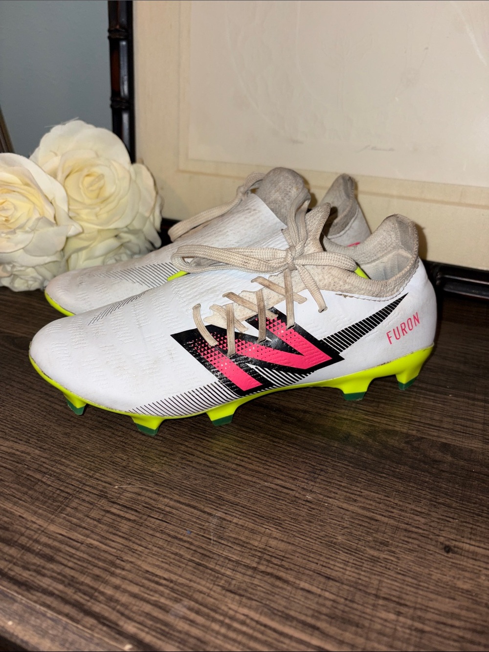 New Balance Kids White Soccer Cleats with Pink and Neon Yellow Accents